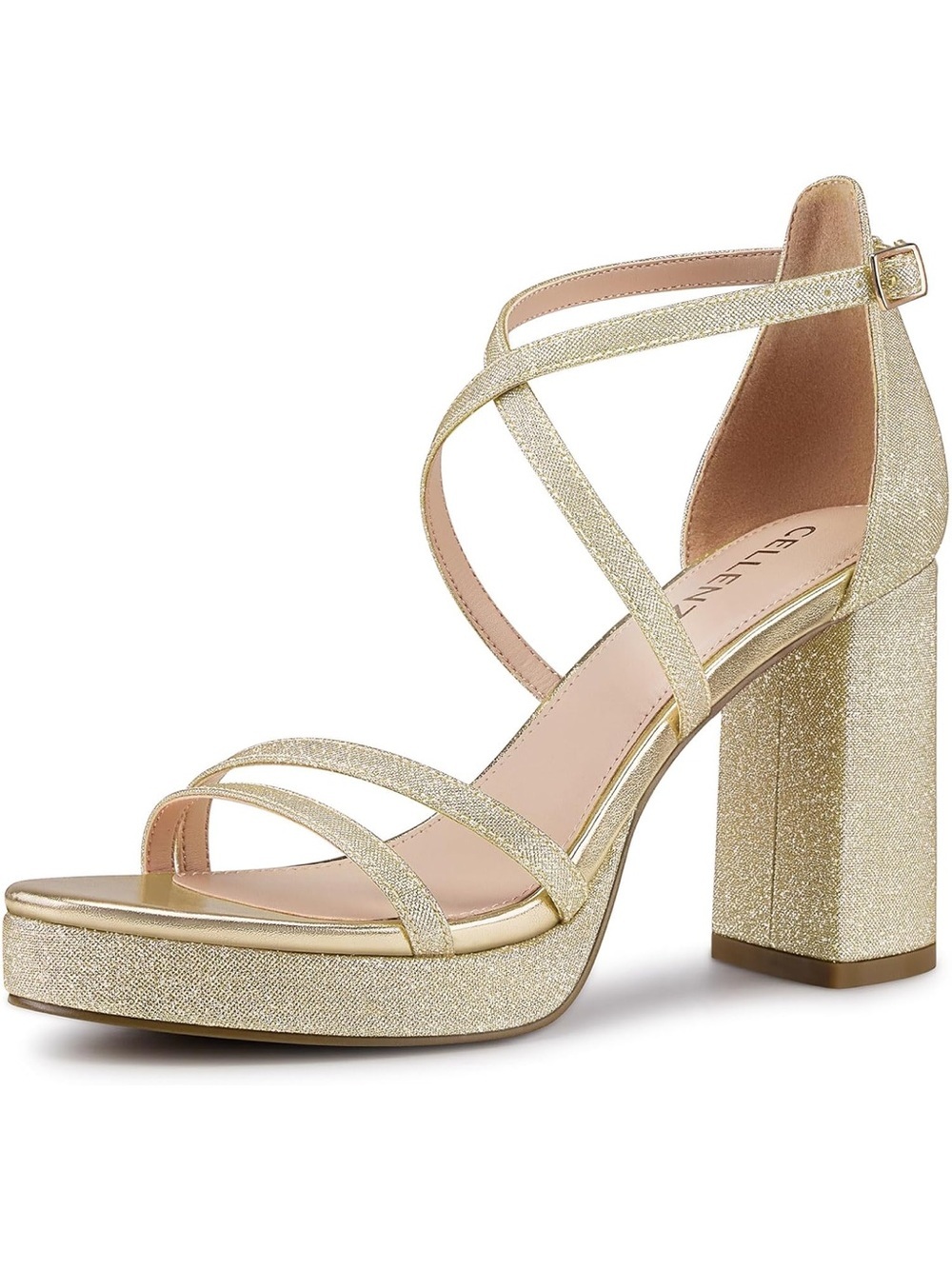 Strappy Platform Heels: Open Toe Sandals - Gold Glitter Sexy Dressy Block Heeled